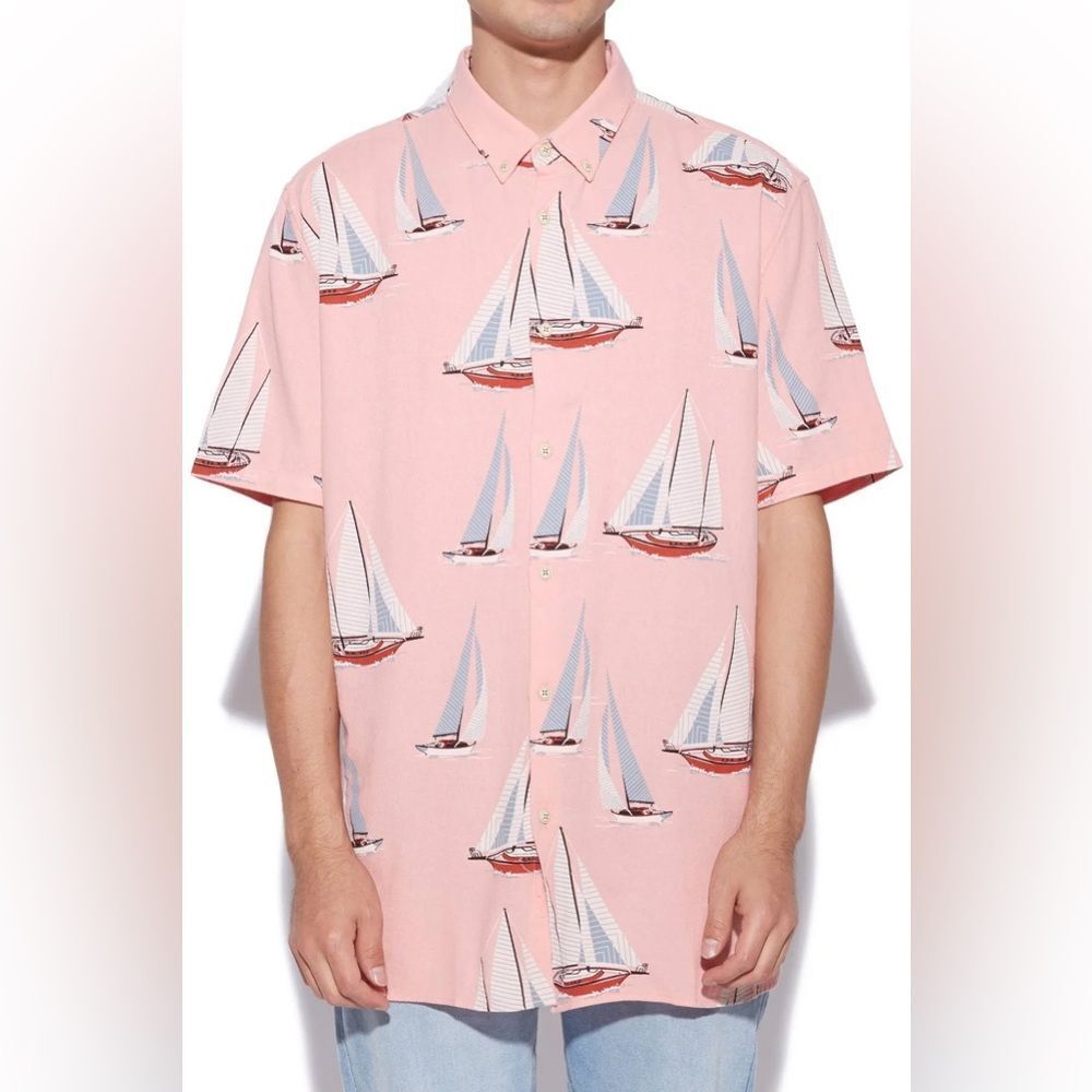 Barney Cools Hawaiian Shirt Large Pink Sailboats Pattern Short Sleeve Size XL